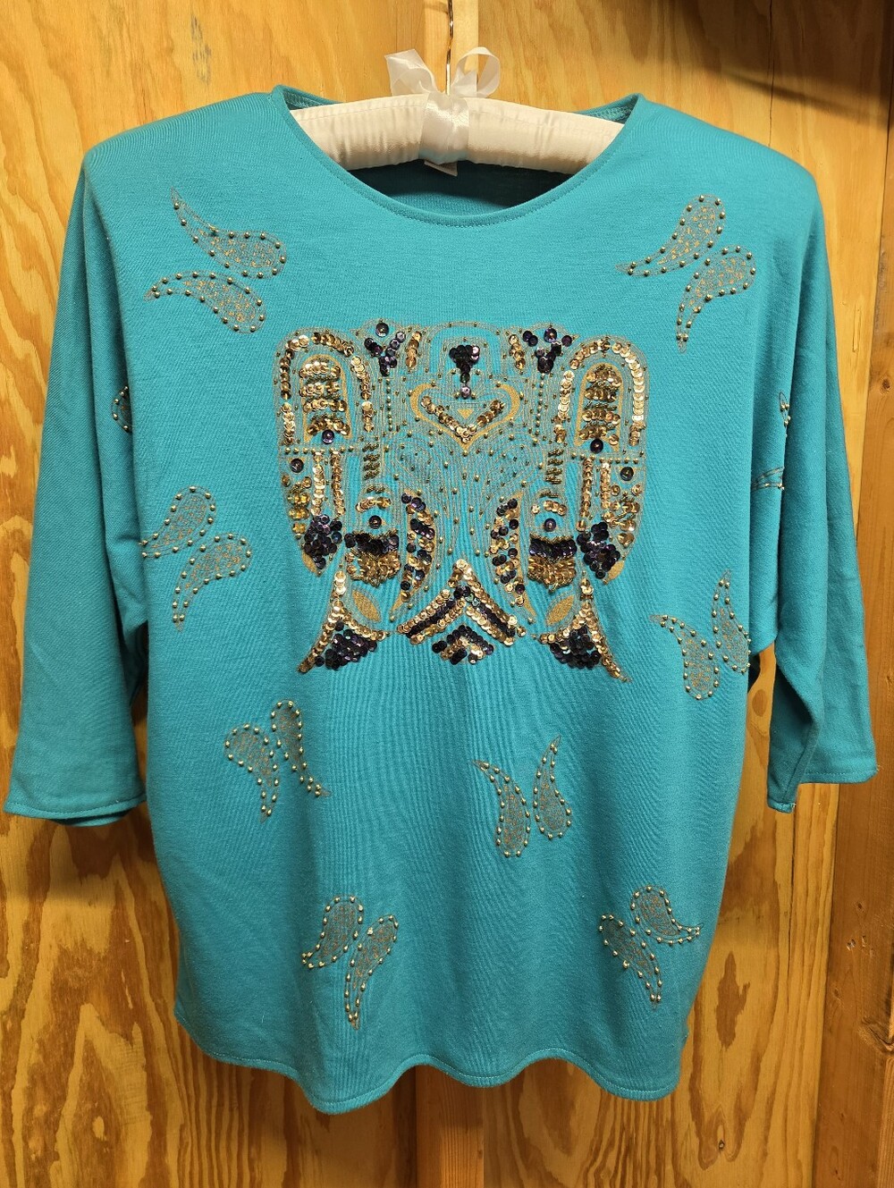VTG 80s 90s Eminent Beaded Elephant Butterfly Graphic Tee Top Turquoise Medium